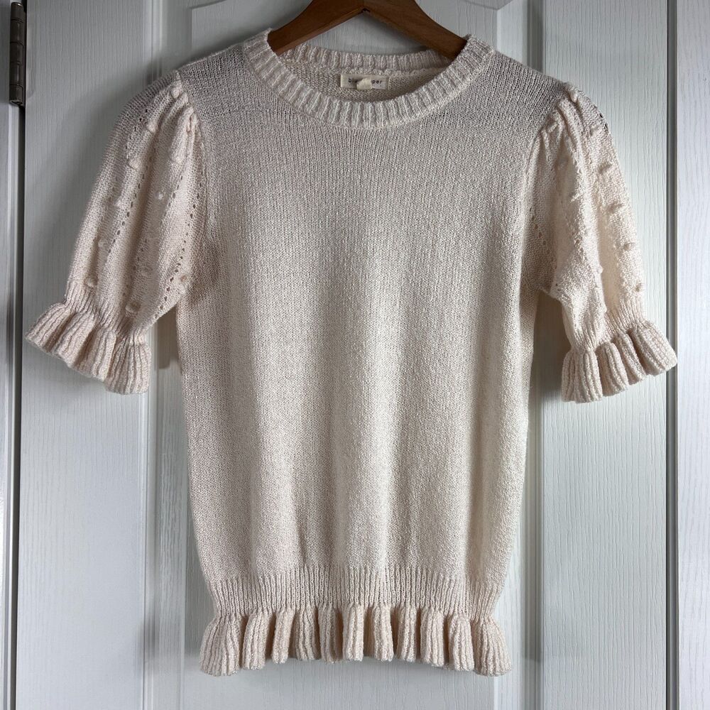 Blu Pepper Womens Small Ivory Knit Sweater Short Sleeve Ruffle Trim Pullover